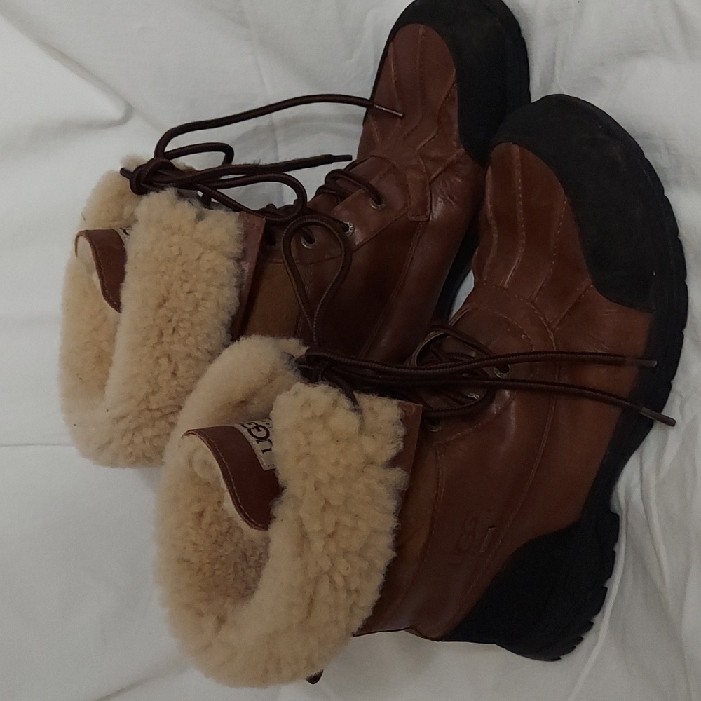 UGG Brown Leather Shearling-Topped Men’s Winter Lace Boots sz 11